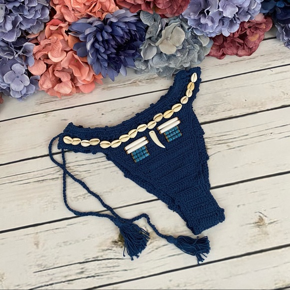 Boho Handmade Blue Shell Crochet Bikini with Beads - Picture 10 of 16